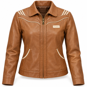 Veste en cuir véritable pour femme Tan Cognac, style western vintage, avec passepoil crème, col zippé, vêtement d'extérieur, service d'usine sur mesure - Product Image 1