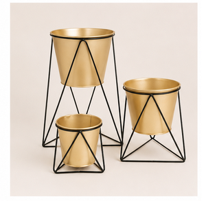 Modern Gold Metal Planter Set of 3 with Triangular Black Stands Tiered Luxury Indoor Flower <b>Pots</b> for Home Iron Plant <b>Holder</b> - Product Image 3