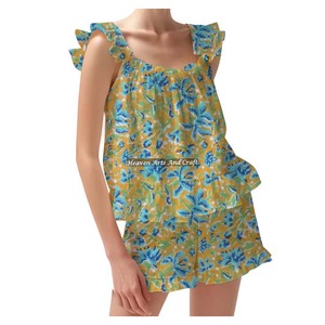 Indian 100% Pure Cotton <b>Pyjama</b> Women Cotton PJ Shorts Pajama Set Spring/<b>Summer</b> Floral Fitted Strappy Ruffle Trim Sleeves PJ Set - Product Image 4