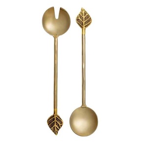 Set of Two Golden Eco-Friendly Stainless Steel & Resin Salad <b>Server</b> Set with Leaf Handle for Home Kitchen Use - Product Image 1