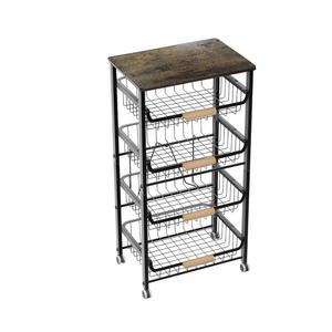 Chariot de rangement de cuisine à roulettes avec paniers, chariot de service avec poignée, panier en maille, chariot de garde-manger avec plateau en bois - Product Image 4