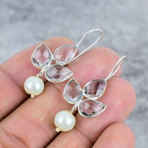 Pendientes de Plata de Ley 925 con Cristal de Cuarzo en Forma de Pera y Perla, con Alambre de Plata, Accesorio Moderno para Mujer para Uso Diario - Product Image 1