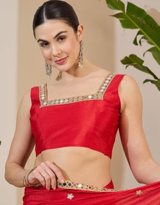 KV Chinnon <b>Red</b> Embellished Designer Saree With Unstitched <b>Blouse</b> - Product Image 2