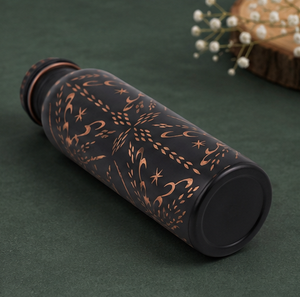 Tamra Vintage Elite <b>Bottle</b> Matte Black Coated Copper <b>Flask</b> Hand Engraved Pattern Ayurveda Health Benefits Copper Vessel - Product Image 4