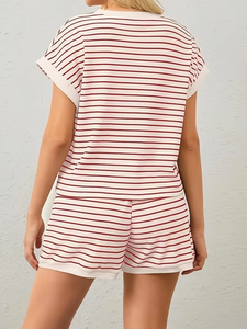 Women's Casual Fashion Loungewear Two-Piece Set Striped Color Block Jersey Soft T-Shirt Matching Elastic Waist Pocket Shorts - Product Image 3