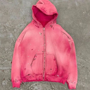 Mens Distressed Acid Wash Pink Heavyweight Fleece Full Zip <b>Hoodie</b> Long Sleeve Split Kangaroo Pocket Sweatshirt OEM ODM Wholesale - Product Image 1