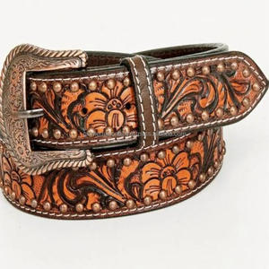 Ceinture d'outillage à la main en cuir occidental pour hommes, durable et durable, sculpture florale et coutures contrastées Ceinture de cow-boy en cuir usiné - Product Image 6