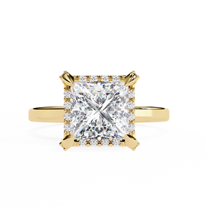 Bague moderne avec halo de diamants de laboratoire taille princesse de 2,00 ct, galerie décorative et bande en or jaune 18 carats poli - Product Image 1