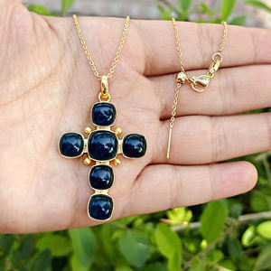 Religious cross jewelry cabochon apatite jade cushion gemstone crucifix cross pendant necklace 18k gold plated chain necklaces - Product Image 2