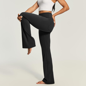 High Waist Flared Leg <b>Yoga</b> <b>Pants</b> With Pockets Full Length Seamless Spandex Nylon Stretch Fitness Trousers - Product Image 2