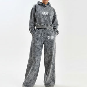 Conjunto Deportivo al por Mayor para Mujer, Sudadera Corta con Efecto Desgastado y Pantalones Anchos de Algodón Grueso, Conjunto de Dos Piezas - Product Image 1