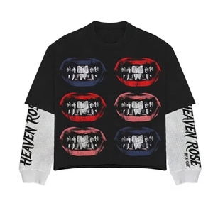 Oversized Double Layer Graphic Long Sleeve Tee Y2K Gothic Mesh Sleeve Heavy Cotton Streetwear Wholesale - Product Image 2