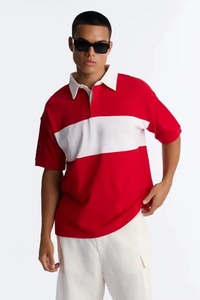 Polo de Manga Corta para Hombre, Diseño de Bloques de Color Rojo y Blanco, Estilo Oxford Informal, con Botones, Transpirable, Corte Regular - Product Image 3