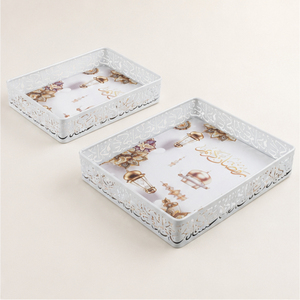 Ramadan Serving Tray <b>Set</b> of <b>2</b> <b>White</b> Metal Laser Cut Eid Mubarak Dessert Platter Wholesale Islamic Ramadan Kareem Party Table - Product Image 1