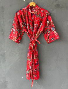 Bata tipo kimono con cuello en V y estampado floral de algodón para mujer, bata de baño ligera de manga larga y corte holgado, bata suave y transpirable - Product Image 3