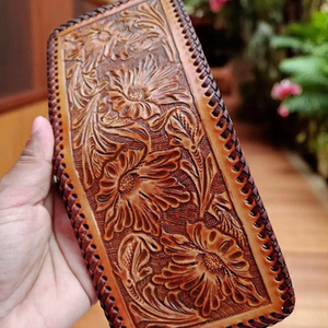 100% Genuine Leather Multi Color Hand Tooled Florals Carved Border Hard Stitched Open Portable Bi-Fold Card Money Carry Men's - Product Image 5