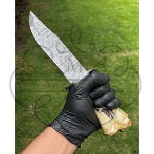 Couteau Bowie artisanal MORTALSAGA, lame en acier Damas, manche en os, couteau à lame fixe pour la survie en plein air - Product Image 4