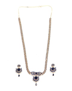 22K Gold Plated Long <b>Blue</b> Sapphire <b>Necklace</b> Set South Indian Haram Bollywood Bridal Jewelry Indian Wedding Jewellery - Product Image 2