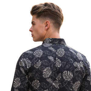 <b>Black</b> Grey Tropical Leaf Printed <b>Mens</b> Long Sleeve <b>Shirt</b> Button Down <b>Slim</b> <b>Fit</b> Casual Fashion <b>Shirt</b> for Party Holiday Daily Wear - Product Image 4