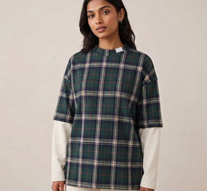 Camiseta de mujer a cuadros de manga doble oversize, cuello redondo, ajuste holgado, 100% a cuadros - Product Image 1
