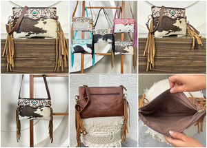New Premium Hand <b>Tooled</b> Cowhide <b>Leather</b> Women Designer Shoulder Purses High Quality Turquoise Stone Crossbody Sling Fringe Bag - Product Image 3