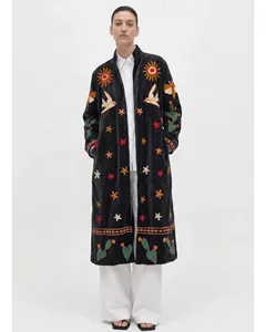 Luxury Velvet Suzani Long Jacket Embroidered With Floral And <b>Bird</b> Pattern <b>Stand</b> Collar Full Sleeve Prairie Chic Winter Outerwear - Product Image 1