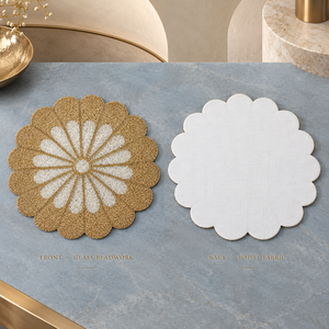 Mantel Individual de Cristal con Cuentas Doradas y Marfil, Diseño Floral Festoneado, Intrincado Trabajo de Cuentas, Moderno, Resistente al Calor, Elegante para Comedor - Product Image 3
