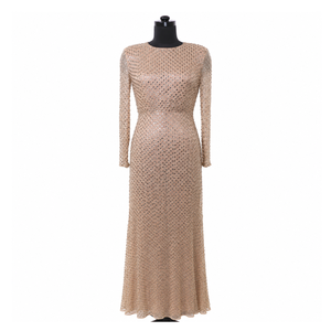 Women Champagne Rhinestone Maxi Dress Long Sleeve Round Neck Sparkling Embellished Floor Length Evening Gown Formal Wedding - Product Image 1