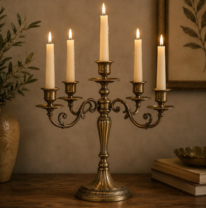 Polished gold metal five <b>light</b> candelabra stand features curved classic scroll arms, available at wholesale prices. - Product Image 4