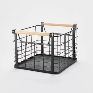 Best Sale Black Iron Wire Storage <b>Basket</b> With Oval Wooden Base Metal Pantry Organizer For Fruits Vegetables And Kitchen Home - Product Image 4