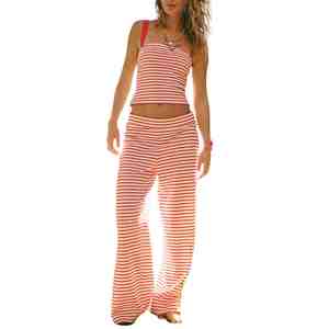 Custom Print Striped Two Piece <b>Set</b> Sleeveless Top With Full Length Pants Casual Spring Loose Fit 100% Cotton Knitted Women <b>Sets</b> - Product Image 1