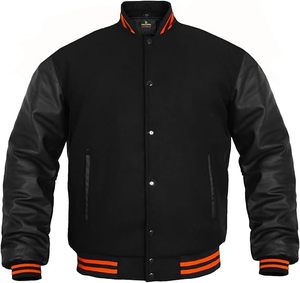 Classic <b>Black</b> Varsity Jacket With Orange Trim Leather Sleeves For Adults Winter Wear Promotional Activities - Product Image 1