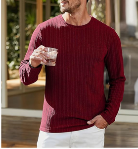 <b>Men</b> <b>Red</b> Long Sleeve Knitted Casual <b>Shirt</b> Solid Color V-Neck Full Sleeve Autumn Wear Cotton Fabric tMen Long Sleeve Casual - Product Image 1