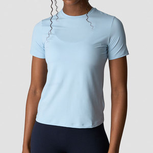 Camiseta Deportiva de Manga Corta para Mujer, Cuello en V, Material Acanalado, Alta Elasticidad, Estilo Veraniego - Product Image 1