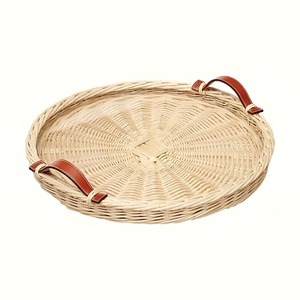 Bandeja de Servicio Ligera de Ratán Natural con Asas de Cuero, Ideal para Servir Comida, Café, Desayuno y Decorar Espacios - Product Image 1