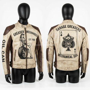 Greaser Mechanics Leather <b>Jacket</b> Men Pinup Girl Graphic Ace of Spades Mechanical Soul Biker Coat Distressed White Moto Gear - Product Image 1
