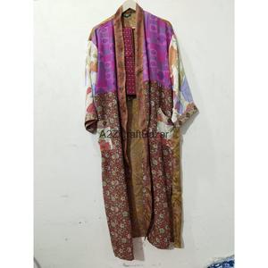 Vintage Summer Patchwork Silk V-neck Drawstring Kimono Dress Free Size Maternity Gown Robe Beachwear Indian Recycled Sari - Product Image 3