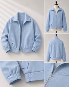 Light Blue Men's Fleece Varsity Jacket Stand Collar <b>Covered</b> <b>Button</b> Closure Breathable 100% Cotton Casual Regular Fit Winter Wear - Product Image 5