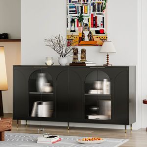 Mobiletto con 4 Ante in Vetro, Credenza in Legno Laccato Nero, Buffet Contenitore per Soggiorno - Product Image 1