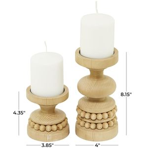 Handcrafted Wooden Beaded Candle Holder Set <b>Rustic</b> Farmhouse Pillar Candle Stand Home Decor - Product Image 2