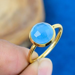 Natural Blue Chalcedony Shape Round Cut Gemstone 18k Gold Plated Bezel Handmade Minimalist <b>Ring</b> For Women - Product Image 2