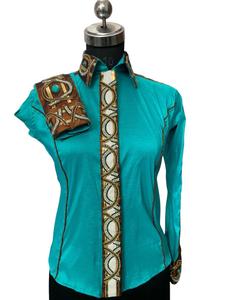 Camisa de seda turquesa estilo western con cuello y puños bordados, blusa de manga larga para espectáculos de vaqueras - Product Image 1