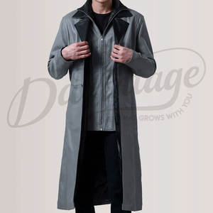 <b>Mens</b> Premium <b>Grey</b> Leather Trench Coat Long Winter <b>Overcoat</b> with Inner Zipper Layer Genuine Leather Double Collar Jacket - Product Image 5