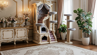 Arbre à chat de style royal de luxe en bois, meubles pour animaux de compagnie de style baroque européen, villa avec escaliers et coussin en velours pour les grands chats