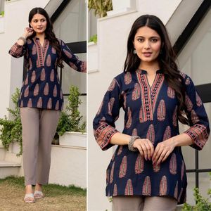 Trendy Women Cotton Printed Kurti Tunic Short Sleeve Loose Fit <b>Indian</b> Pakistani <b>Top</b> for Casual Formal Wear Tunic Collections - Product Image 2