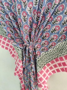 Vintage <b>Boho</b> Floral Block Print Kaftan <b>Dress</b> With Tie Back Loose Fit Short Sleeve Cotton <b>Summer</b> Long <b>Dress</b> - Product Image 4
