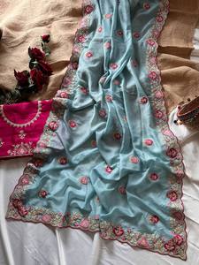 Sari en soie pour femmes, style indien, avec bordure en dentelle brodée, idéal pour les fêtes - Product Image 4