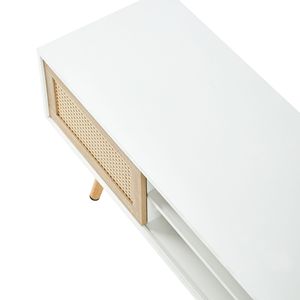 Mobile TV in Legno Massello da 140 cm con Ripiano Regolabile, Doppie Ante Scorrevoli, Finitura in Rattan, Consolle per Soggiorno con Dettagli Bianchi - Product Image 5