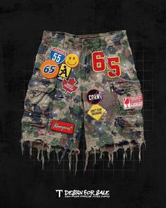 Hot Selling Custom Men <b>Y2K</b> Graphic T <b>Shirt</b> With Camo Patchwork Denim Distressed Shorts Sets Streetwear Style Summer Wear - Product Image 3