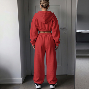 Premium Women <b>Red</b> Cotton Hooded Tracksuit Set Casual Loose Fit Full Length Solid Color With Side Pockets Autumn Wear <b>Crop</b> <b>Top</b> - Product Image 2